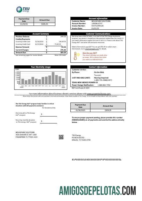 imprimível Modelo de fatura de serviços públicos de energia dos EUA Texas TXU em formatos Word e PDF